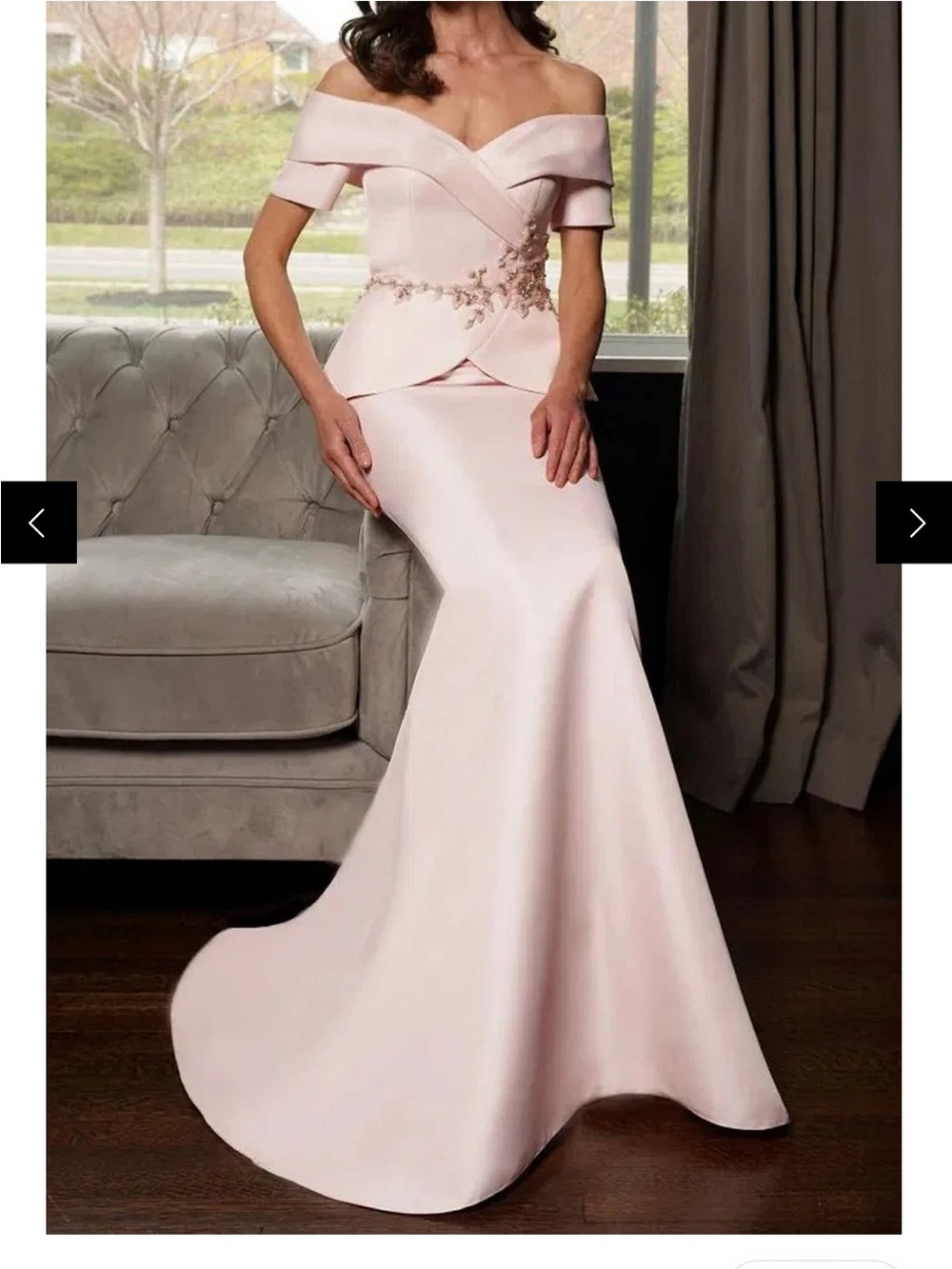 Elegant Off-Shoulder Evening Gown in Blush Pink Marsoni Dress